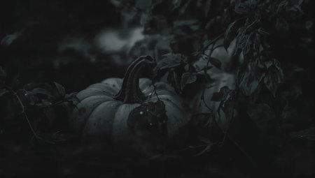 Pumpkin in the garden. Halloween concept. Black and white photo.の素材