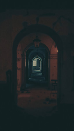 A vertical shot of a corridor in an old building with light coming throughの素材