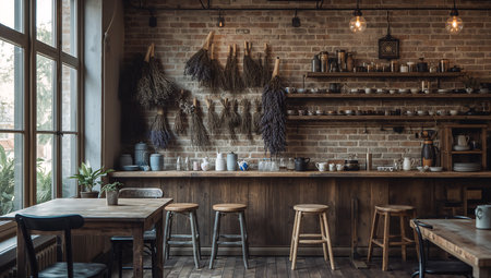 Interior of modern cafe with brick wall and wooden floor, loft interior design.の素材
