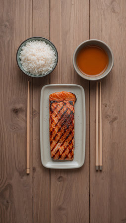 Grilled salmon with rice and miso soup on wooden background.の素材
