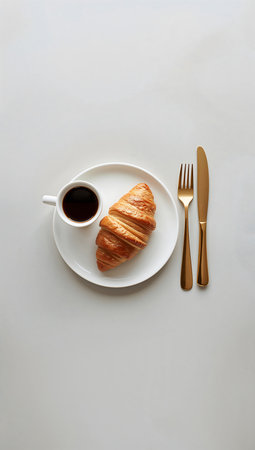 Coffee and croissant on white background, top viewの素材