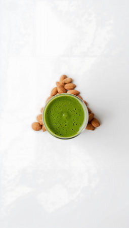 Green matcha latte with almonds on a white background, top viewの素材