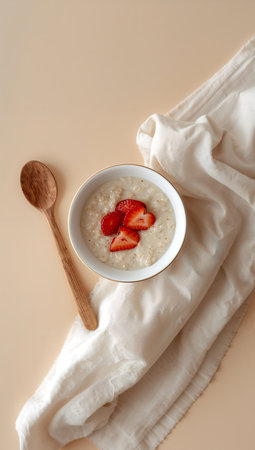 Oatmeal porridge with strawberries in a bowl on a beige backgroundの素材