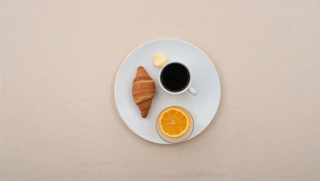 Cup of coffee with croissant and orange on white plateの素材