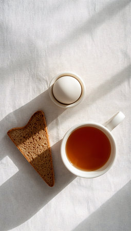 White cup of tea and bread on white tablecloth, top viewの素材
