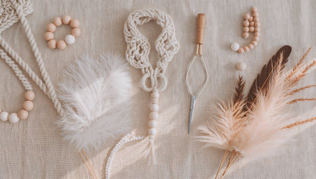 Flat lay composition with dreamcatchers, feathers and beads on beige fabric backgroundの素材