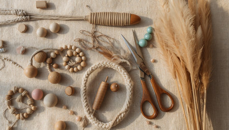 Flat lay composition with handmade jewelry on beige textile background.の素材