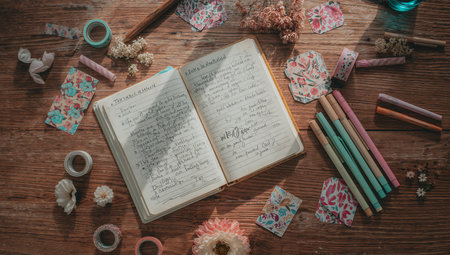 Top view of open book with pencils and flowers on wooden tableの素材