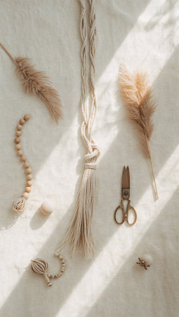Flat lay composition with sciccors, feathers and beads on beige fabricの素材