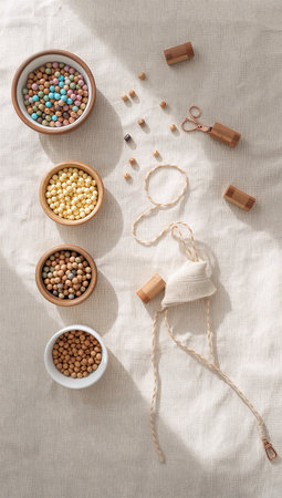 Flat lay composition with different types of beans in bowls on white fabricの素材