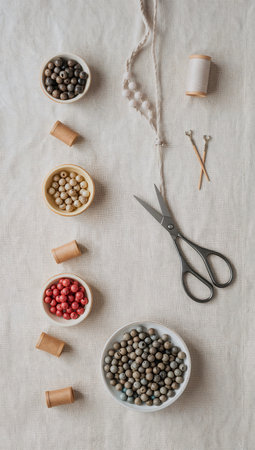 Flat lay composition with various multicolored peppercorns in bowls, scissors, thread and beads on white textile backgroundの素材