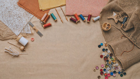 Sewing tools and accessories on sackcloth background. Top viewの素材
