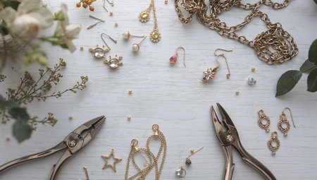 Top view of jewelry and accessories on white wooden background. Flat lay.の素材