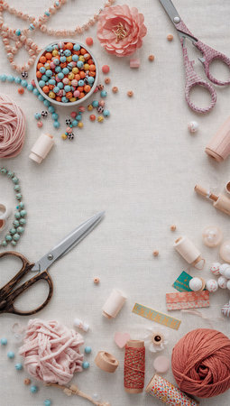 Flat lay composition with beads, scissors, thread, pins, buttons and other accessories for sewingの素材