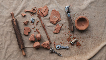 Ceramic utensils and clay pot on sackcloth backgroundの素材