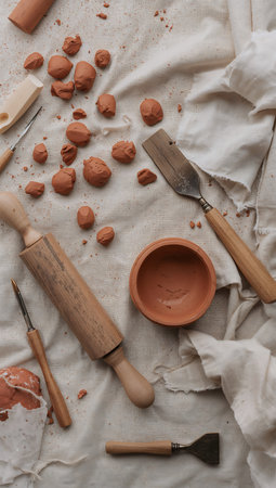 Ceramic tableware, tools and clay on a linen backgroundの素材