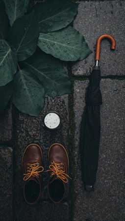 Wet shoes, umbrella and cup of coffee on the street.の素材