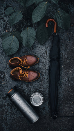 Flat lay of men's accessories on dark background with copy spaceの素材