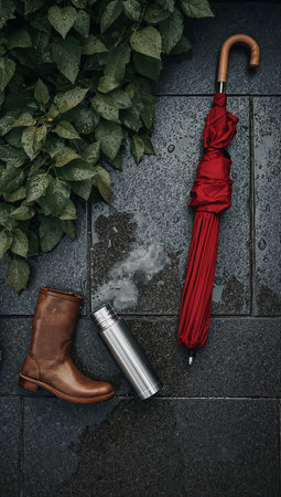 Umbrella and boots on the street. Rainy day.の素材