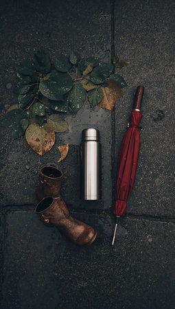 Umbrella and flask on the street. Top view, flat layの素材