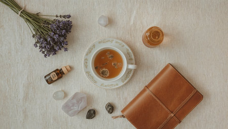 Cup of herbal tea with lavender and essential oil on wooden tableの素材