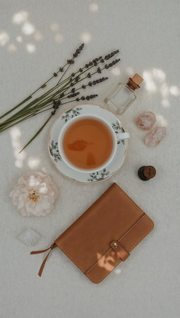 Cup of tea, lavender flowers, a bottle of perfume and a notebook on a light backgroundの素材