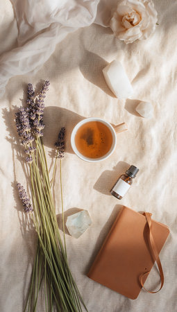 Cup of tea with lavender flowers and perfume bottle on bedの素材