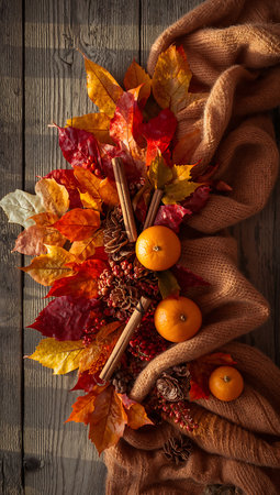 Autumn still life with tangerines, leaves and cones on wooden backgroundの素材
