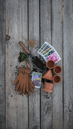 Gardening tools on a wooden background. Gardening concept.の素材