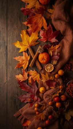 Autumn still life with dried leaves, orange and cinnamon sticks on wooden backgroundの素材