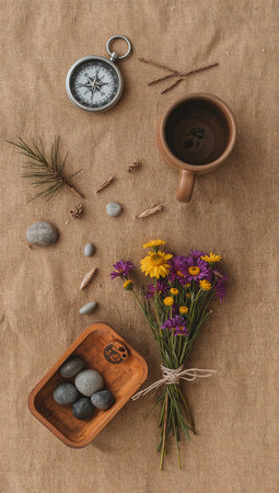 Still life with a cup of coffee, a compass and a bouquet of wildflowersの素材