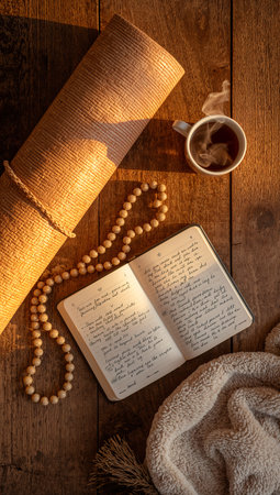 Holy Bible, rosary beads and cup of coffee on wooden backgroundの素材