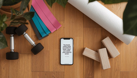 top view of smartphone with fitness app and dumbbells on wooden floorの素材