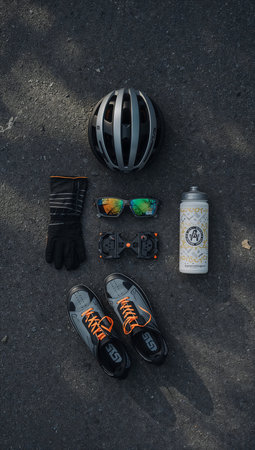 Fitness concept. Sneakers, dumbbells, yoga mat and a bottle of water on a colorful background.の素材
