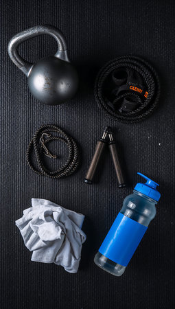 Flat lay, top view of pink sneakers, dumbbells, bottle of water, lime, towel on white marble backgroundの素材