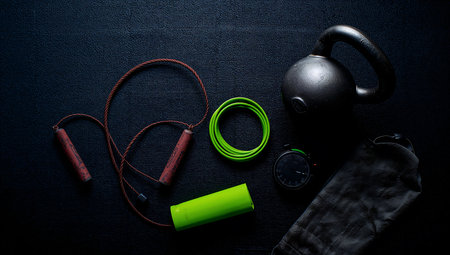 Fitness equipment on black background. Kettlebell, jump rope, bottle of water, headphones.の素材
