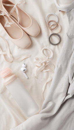 Flat lay composition with female clothing and accessories on bed, top viewの素材