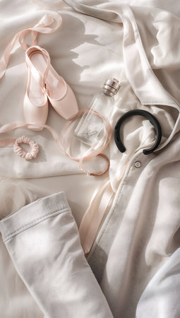 Stylish female accessories on white fabric, flat lay. Beauty blogger conceptの素材