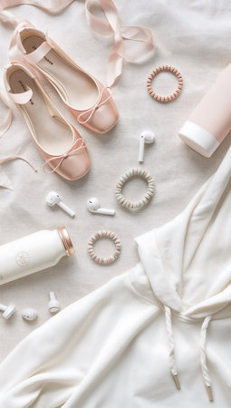 Flat lay of beige women's accessories, top view.の素材