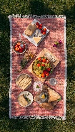 top view of delicious sandwiches on picnic blanket with berries and cheese on tableの素材