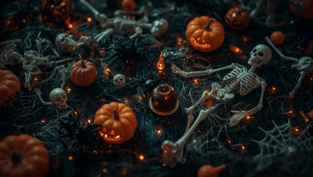 Halloween background with pumpkins and candles. Selective focus.の素材