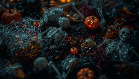 Halloween background with pumpkins, spiders and other decorations. Selective focus.の素材
