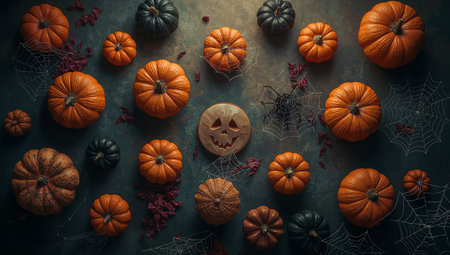 Halloween background with pumpkins, spiders and cobwebs on dark backgroundの素材