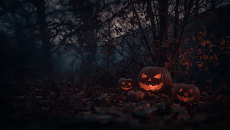Halloween pumpkins in the forest at night, 3d renderの素材