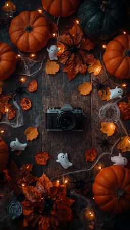 Halloween background with pumpkins, spider web, spiders and vintage cameraの素材