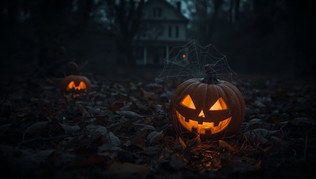 Scary halloween pumpkin with spider web in the forest at nightの素材