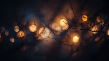 Bokeh lights on tree branches in winter forest. Abstract backgroundの素材