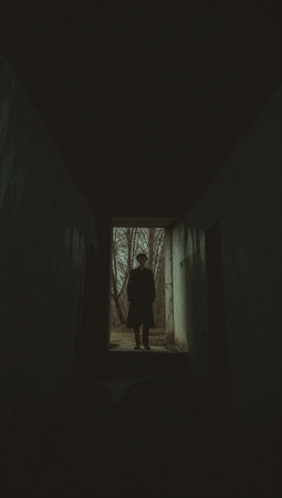 A man in a long coat is standing in a dark tunnel.の素材