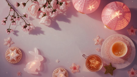 Cup of tea with milk, cookies and pink flowers on a light backgroundの素材