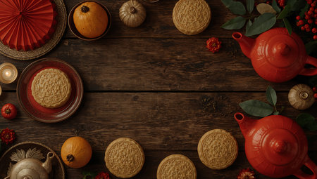Autumn still life with cookies, pumpkins, autumn leaves and berries on a wooden backgroundの素材